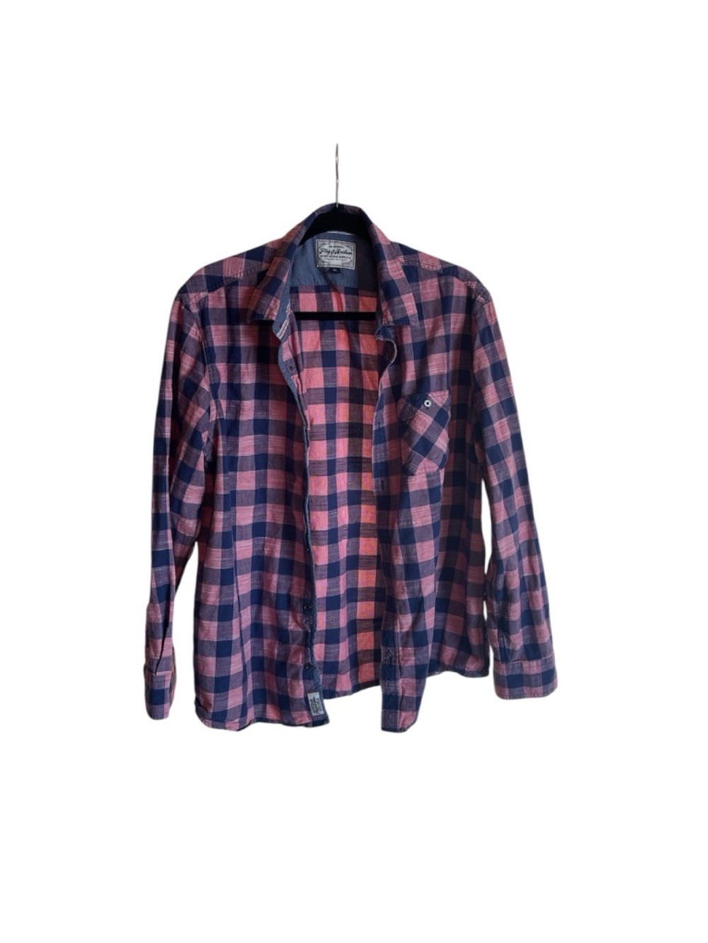 Flag and Anthem Classic Pink & Navy Plaid Men's Button-Up Shirt